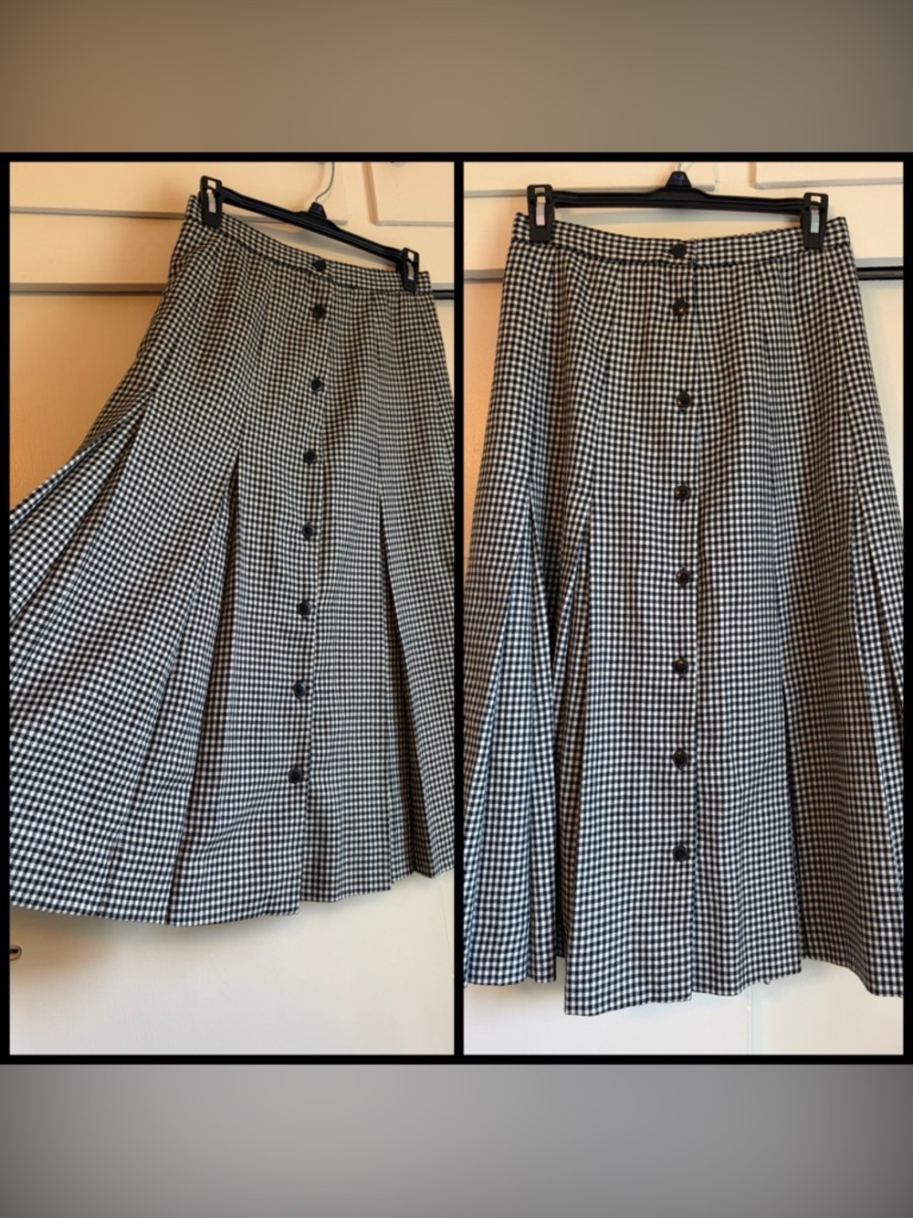 Black and White Gingham Button-Front A-Line Skirt Size Small VINTAGE 100% WOOL